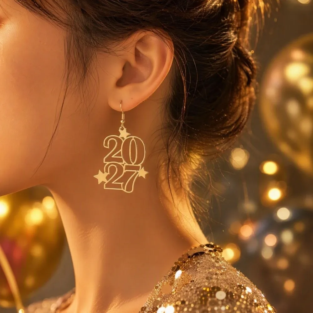 Elegant 2027 Digital Earrings Long Drop Hollowed-out Fashion Happy New Year Earrings Star Design Metal Iron Stud Earrings