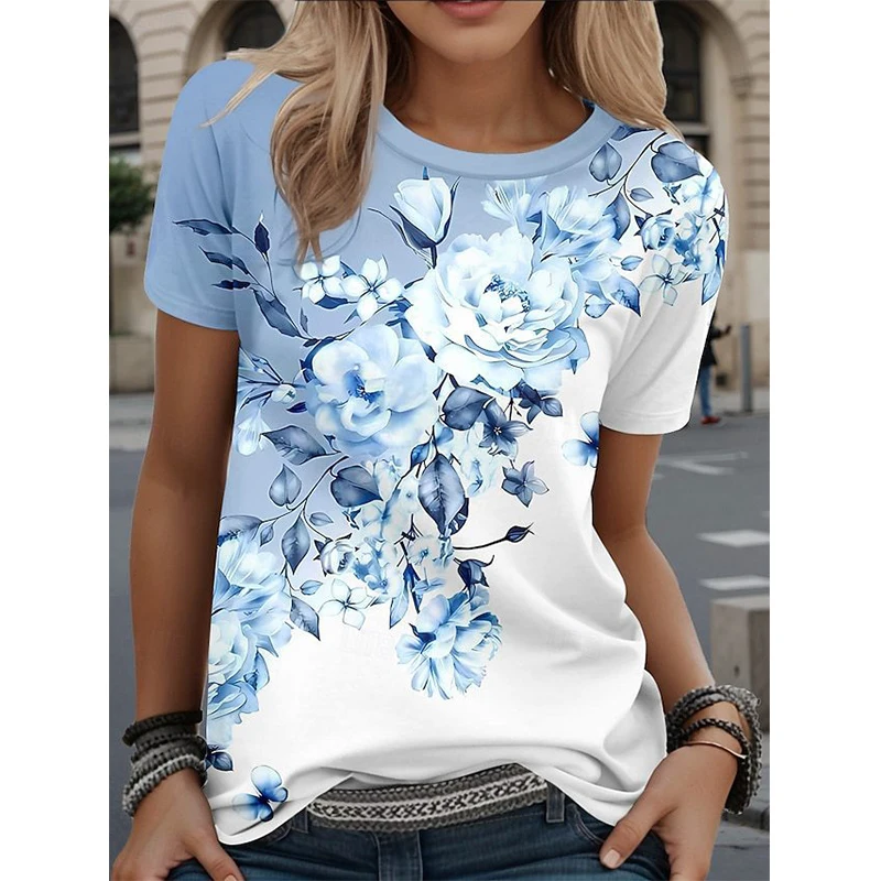 Fashion Flower Floral T-Shirts 3D Print Women New O-Neck Short Sleeves T Shirt Streetwear Y2k Harajuku Tees Tops Female Clothing