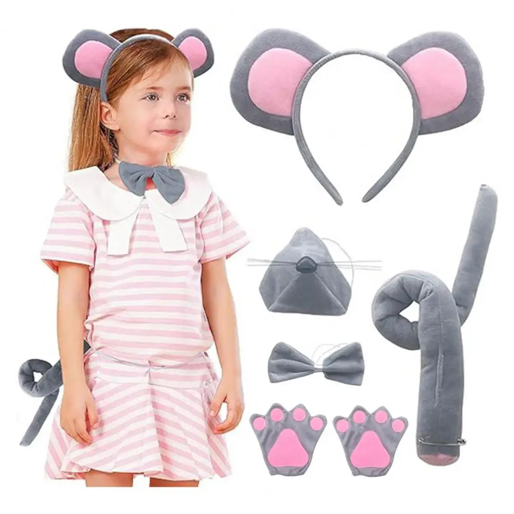 Mouse Costume Set Mouse Ear Headband Tail Nose Bow Tie Gloves Set Cosplay Costume Accessory for Halloween Christmas Parties