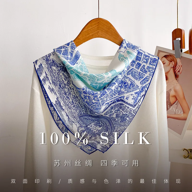 Retro City Map Bandana 100% MULBERRY SILK 65X65cm Cream Shades of Blue Urban Blueprint Neck Hair Wrap Women Holiday Gift view 5