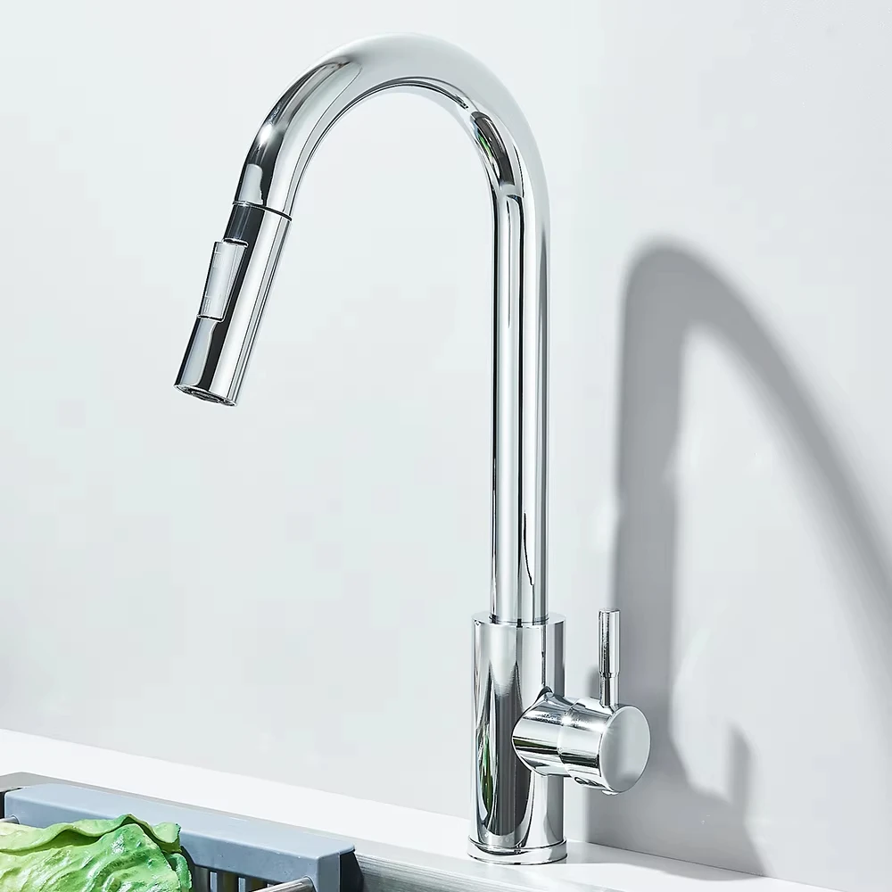 

Grifo de cocina giratorio extraíble de 360° con acabado cepillado, plateado y negro. Grifo para fregadero giratorio de acero ino