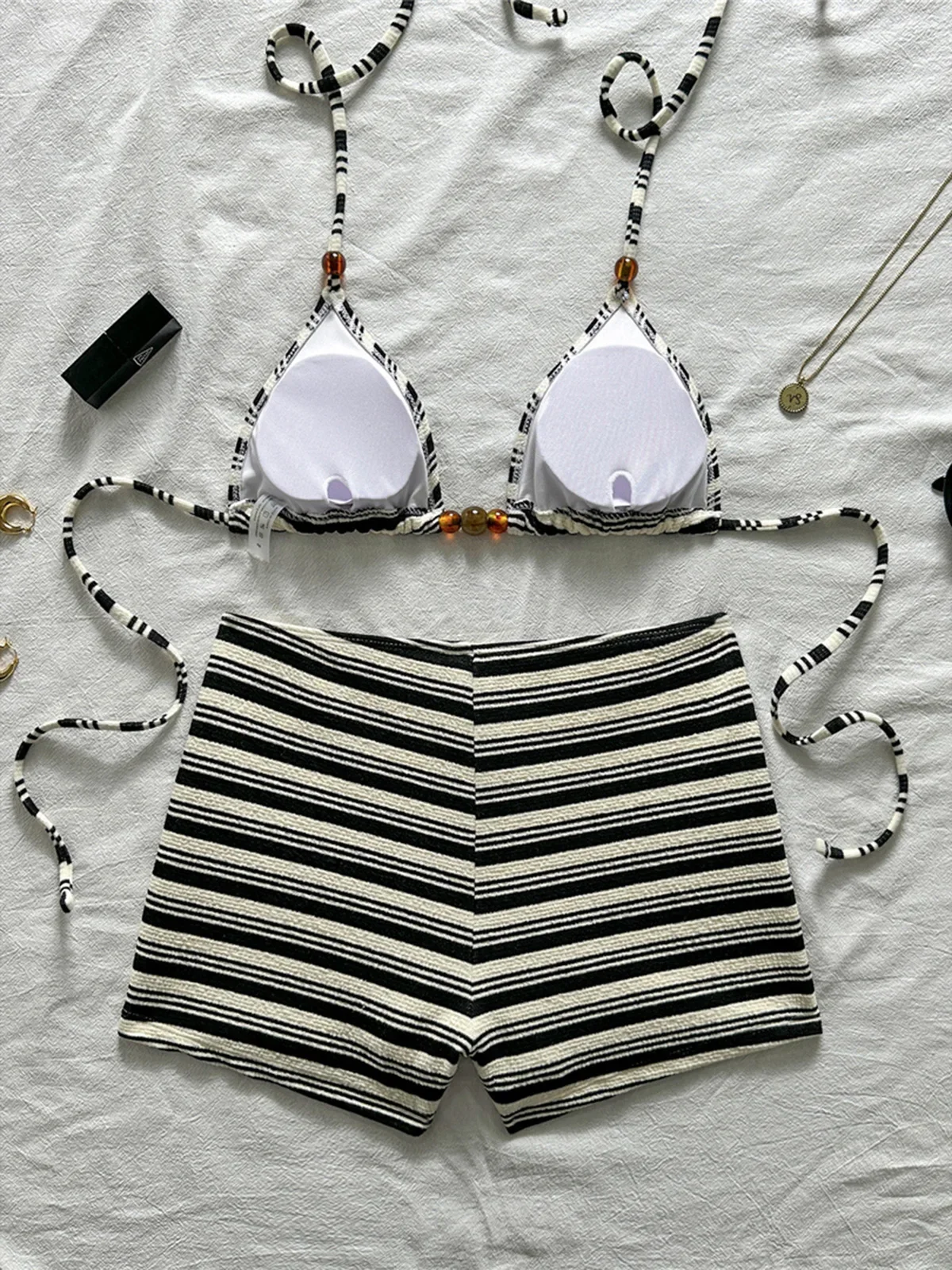 2026 Striped Halter Shorts Female Swimsuit High Waist Bikini Women Swimwear Two-pieces Bikini set Bather Bathing Suit Swim M119