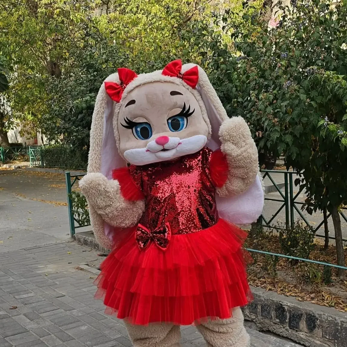 Cute Brown Hare Rabbit Mascot Costume with Red Dress Long Ears Halloween Christmas Fancy Cartoon Plush Fancy Outfits view 6