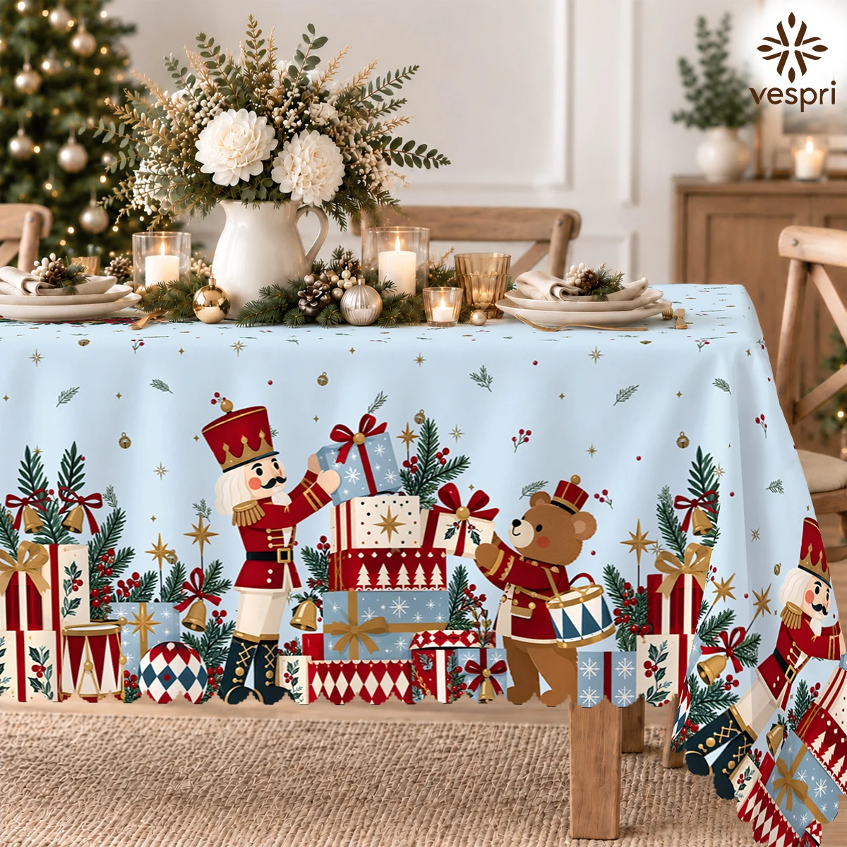 Festive Christmas Tablecloth with Nutcrackers & Toy Trains for Indoor/Outdoor Camping decor, Rectangular/Round/Oval