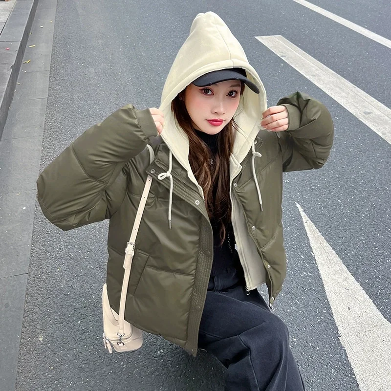 

Women Fake Two Piece Cotton Jacket No Wash Winter Parkas PU Down Cotton Jacket Short Thick Hooded Bread Coat Female Outerwear