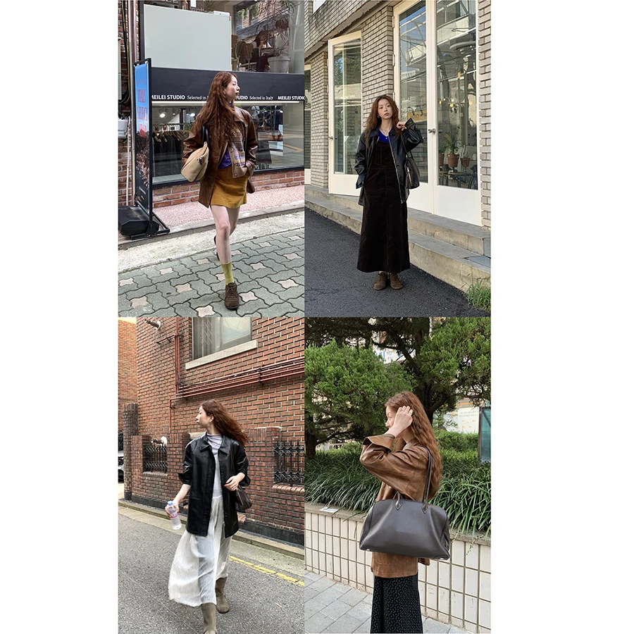 レトロレザージャケットコート ロング丈 ゆったり レディース おしゃれ ターンダウンカラー 秋冬 ハローエット レディースアウター