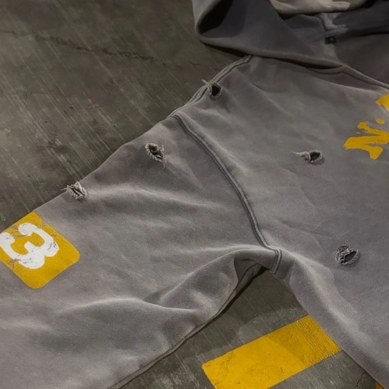 Y2K Retro Hoodie Grey Horse Distressed Letter Graphic Sweatshirt Vintage American Streetwear Terry Cotton Unisex Boxy Clothing