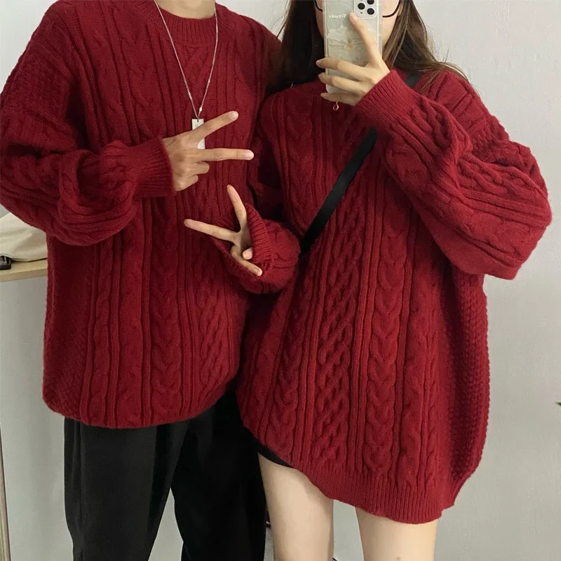 

All Match Red Vintage Fashion Casual Sweater Autumn and Winter New Lazy Jacquard Knit Sweater Jacket Fashionable Top