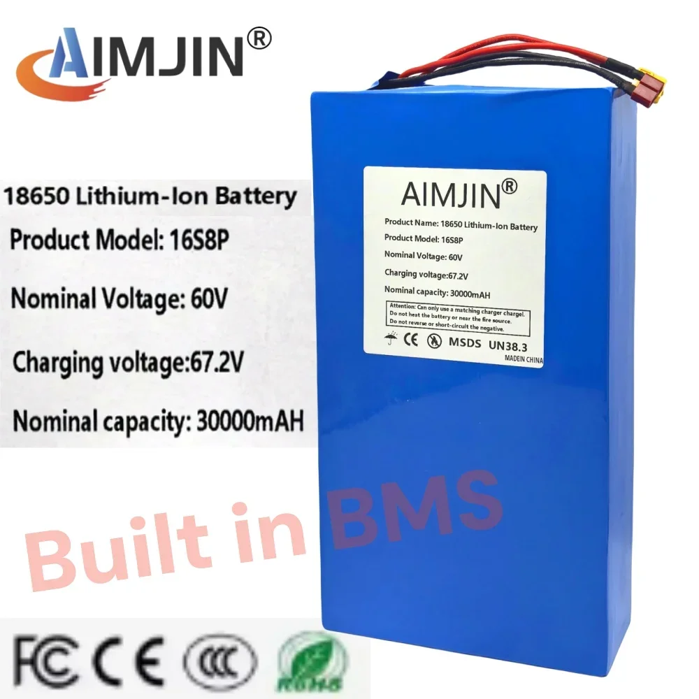 

60V 30Ah 18650 ithium battery 16s8p with BMS 1000-3000W high power suitable for various transport vehicles