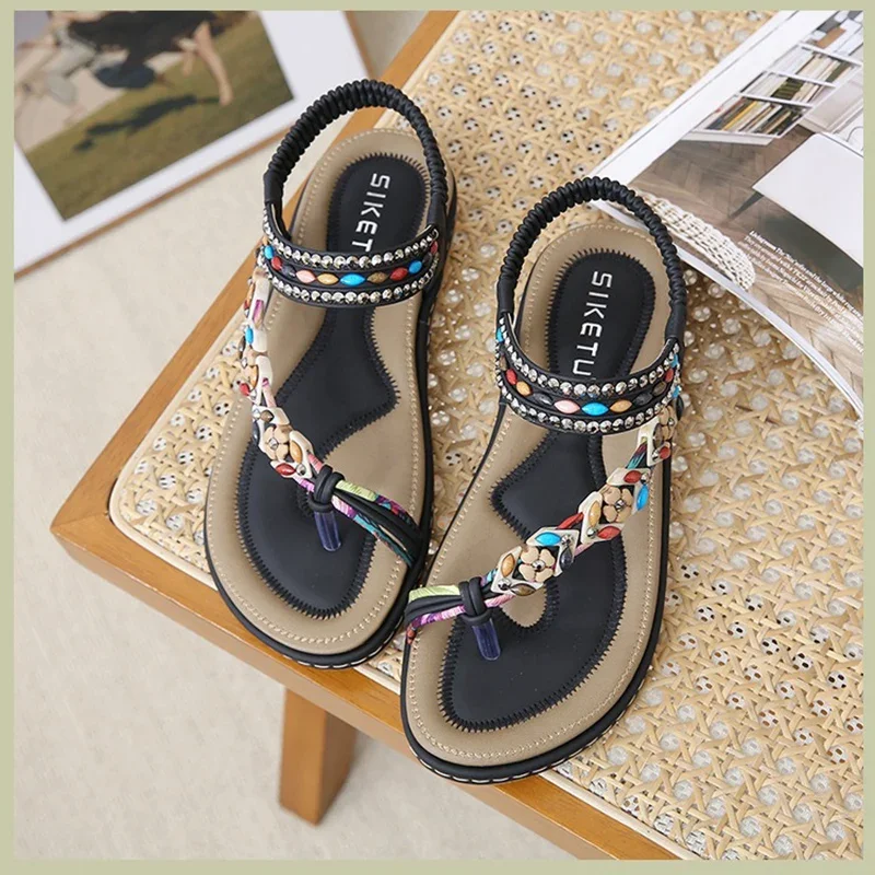 New Summer Women 2cm Platform 2.5cm Low Heels Casual Sandals Lady Beaded Elastic Band Flats Female Beach Vacation Barefoot Shoes