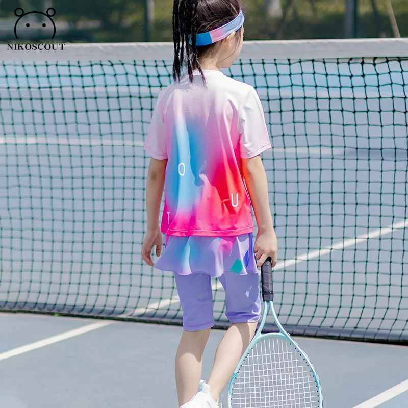 Girls Sports Suit Summer Dopamine Medium and Large Children's Shorts Two-Piece Set T-Shirt Sweat-Wicking Quick-Drying Sun Protection Training Suit with Hairband