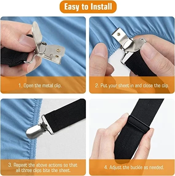 4 pezzi di lenzuolo regolabile e supporto per trapunta per lenzuolo, organizer per materasso, clip per la casa, cinghie elastiche, clip regolabili