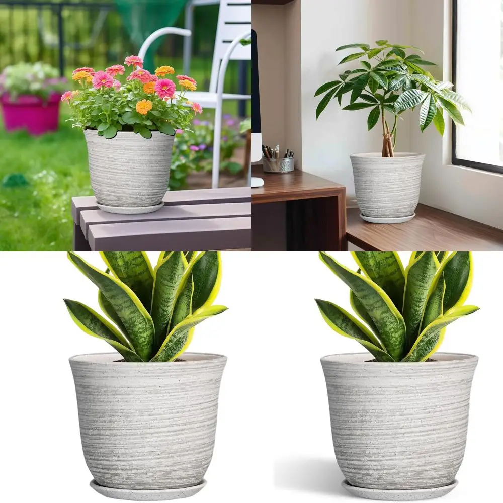 

8 Inch Round Plant Pot with Drainage and Saucer, Suitable for Indoor and Outdoor, Decorative Grey Planter for Home and Garden De