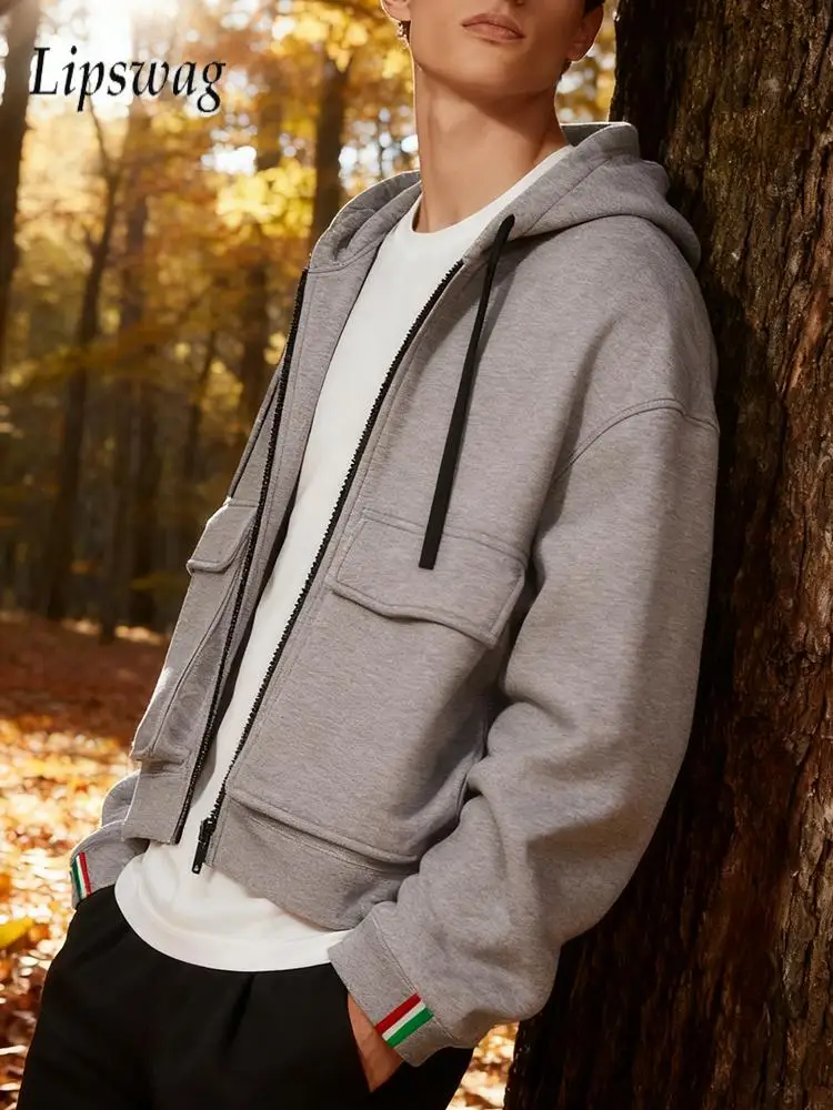 

2025 Fall Winter Casual Fleece Liner Jackets Mens Stylish Solid Color Pockets Zipper Hooded Jacket Coat Men Vintage Outerwear