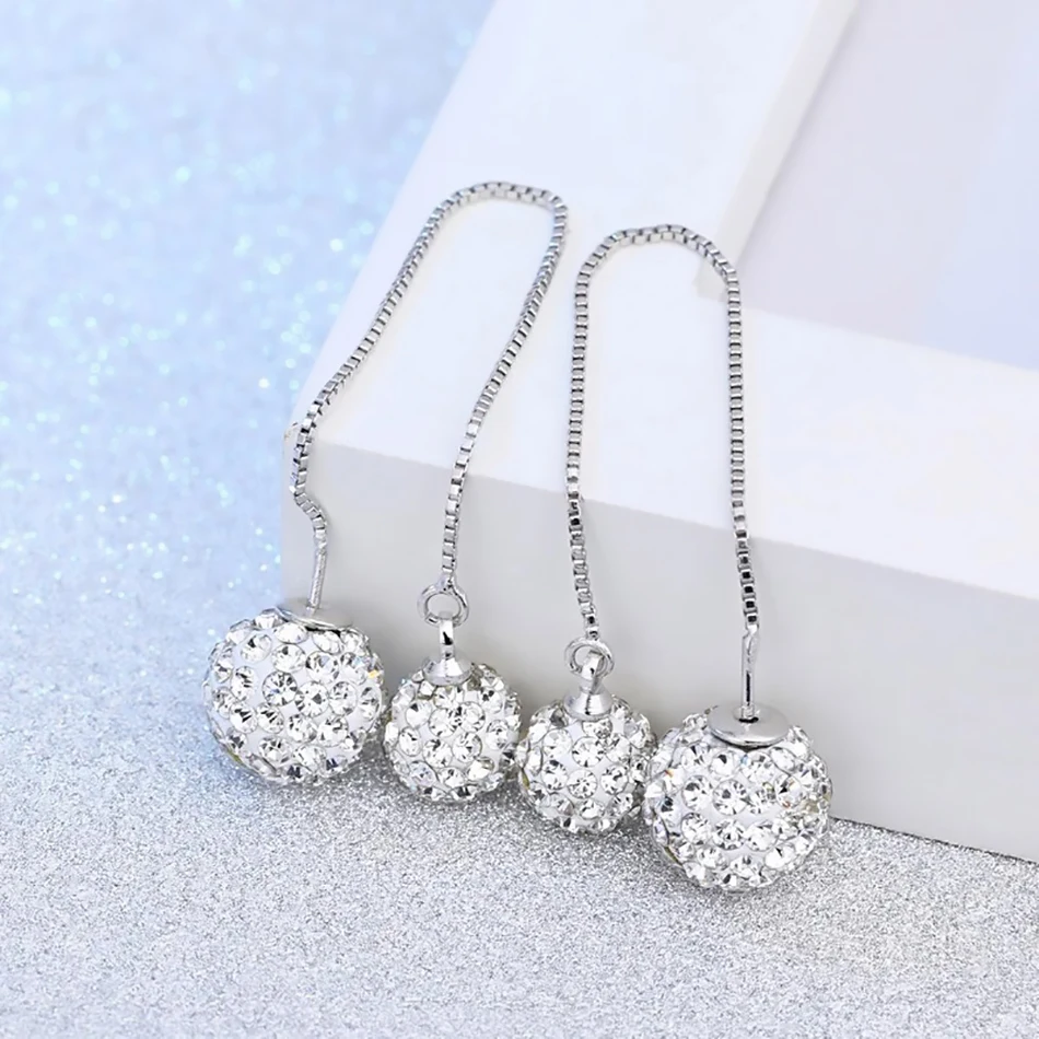 1 Pair 925 Sterling Silver Shiny Crystal Shambhala Earrings Long Drop Design for Women's Fashion Jewelry Everyday Accessories