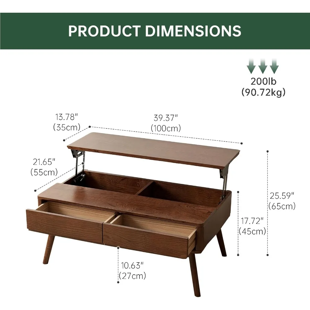 Lift Top Coffee Table, 100% Solid Oak Wood Walnut Coffee Table with Drawers and Hidden Compartments, Rectangular Coffee Tables w