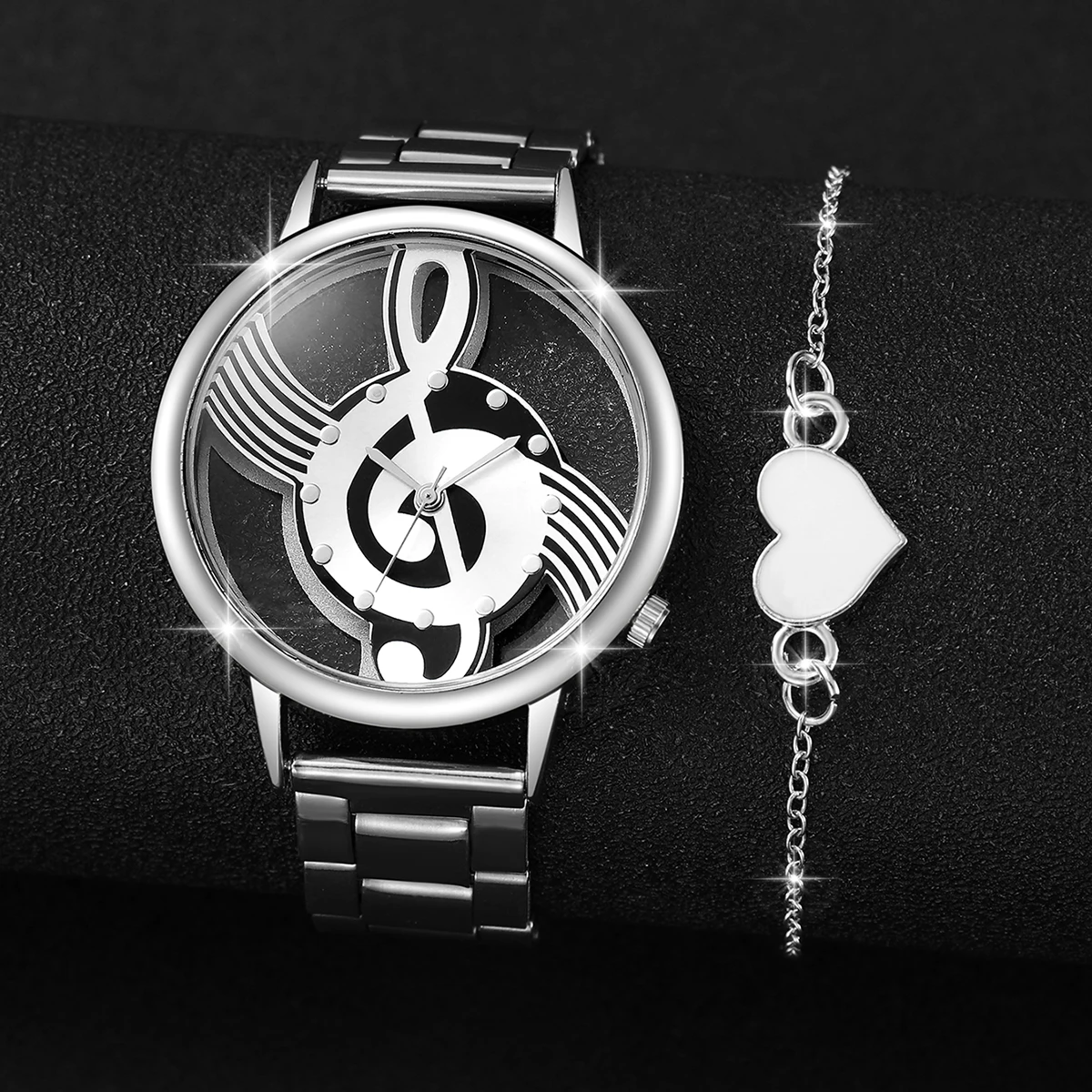 2PCS/Set Fashion Women\'s Watch Hollow-out Musical Note Dial Steel Band Quartz Watches Heart Bracelet Set