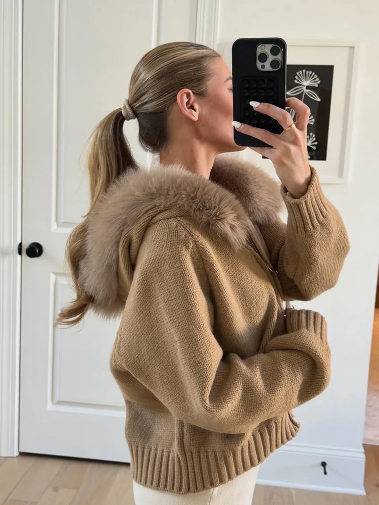 Winter Female Sweater Hoodie Cardigan Fluffy Zipper Patchwork Long Sleeve Ribbed Solid Knit jacket Coat Women's Cardigan