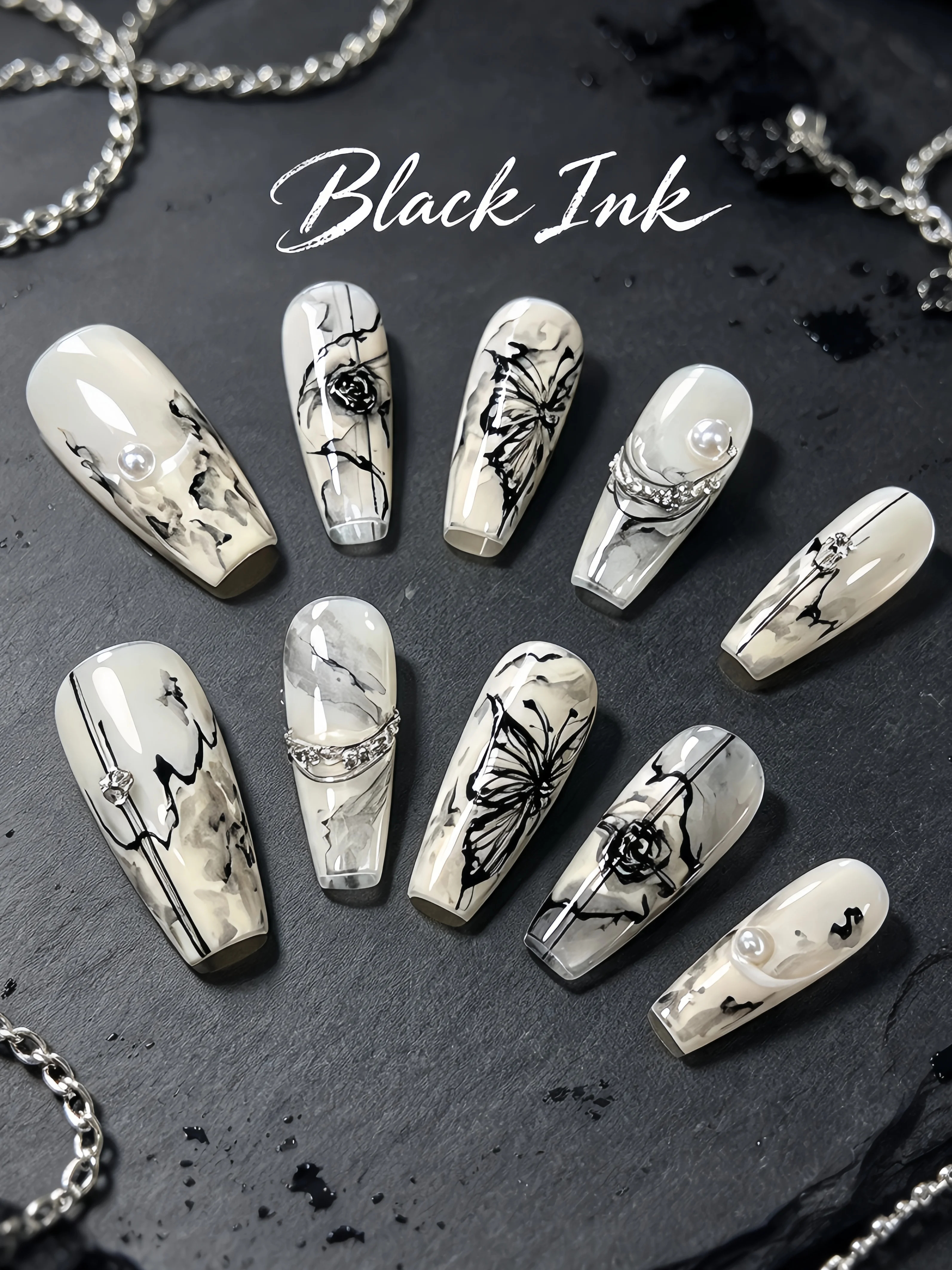 Ink-Style New Chinese-Style Wearable Nails, Off-White and Black Marble Gradient Butterfly Rose Nail Stickers, Pearl Rhinestone Chain Fine Line Fake Nails