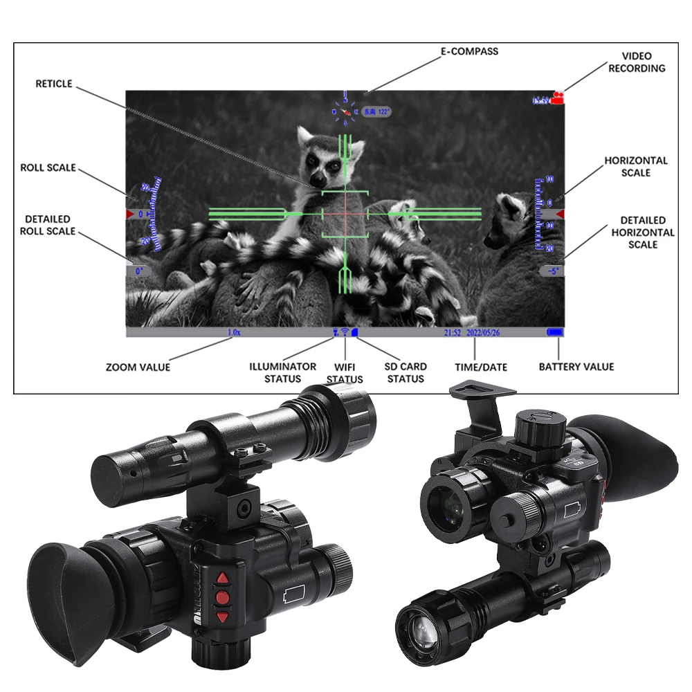 ZIYOUHU NVM-14 Head Mounted 1X Digital HD Night Vision Monocular 8X Zoom Large Visual for Hunting Photography with WIFI Gyros IR