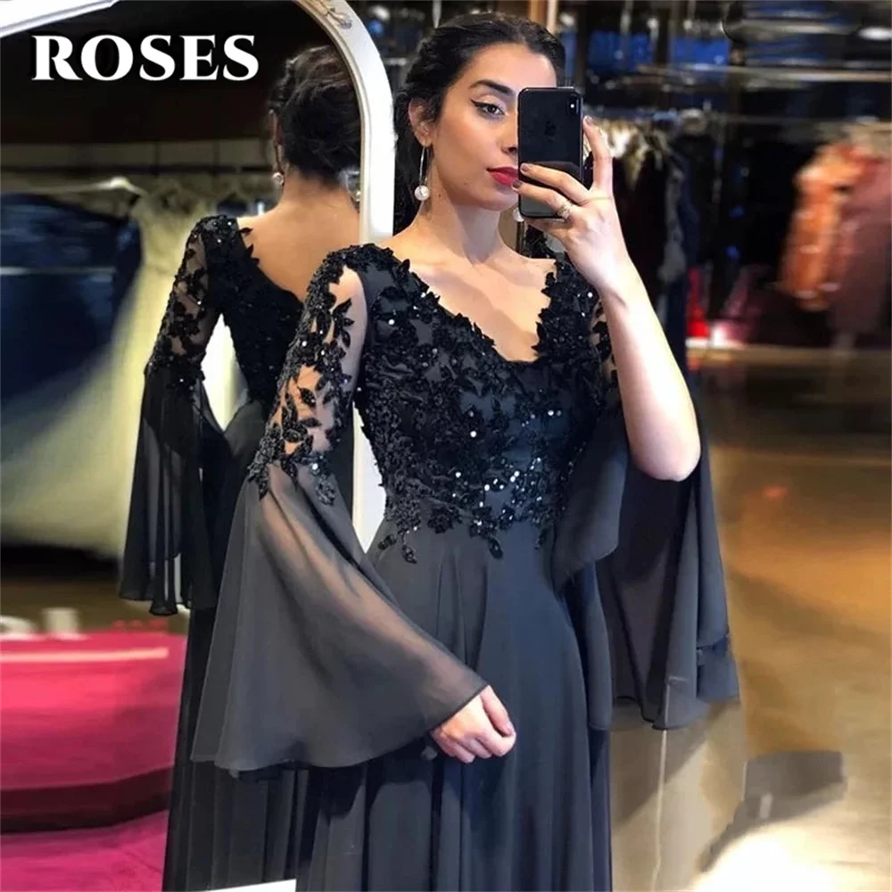 

ROSES Black Long Lace Party Dress A-Line Appliques Pleats Night Dress Full Sleeve Evening Celebrity Dress for Woman Customized