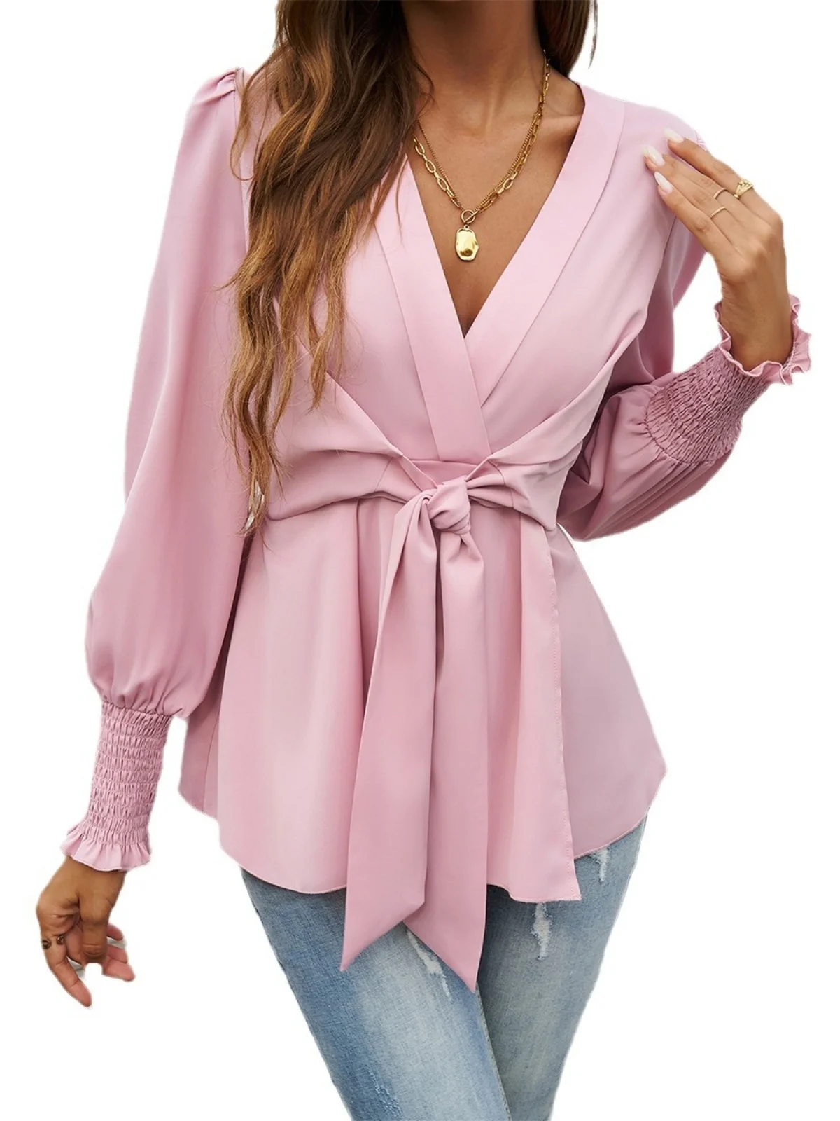 Slim Fit V-Ne Long Sve irt Casual Color Blo Waist-Cinching Women's Sweatirt Sweet Sle Polyester Fiber