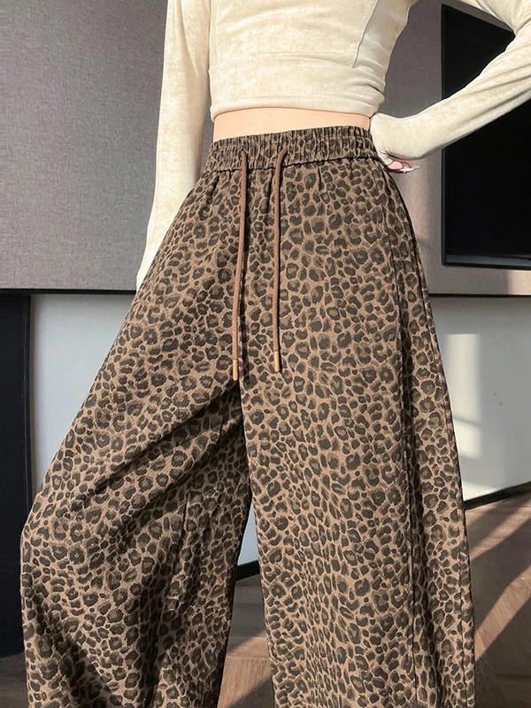 Retro Leopard Print Washed Cotton Wide Leg Pants Women's High Waist Loose Fit Straight Cut Sports Trousers Spring Autumn New ...