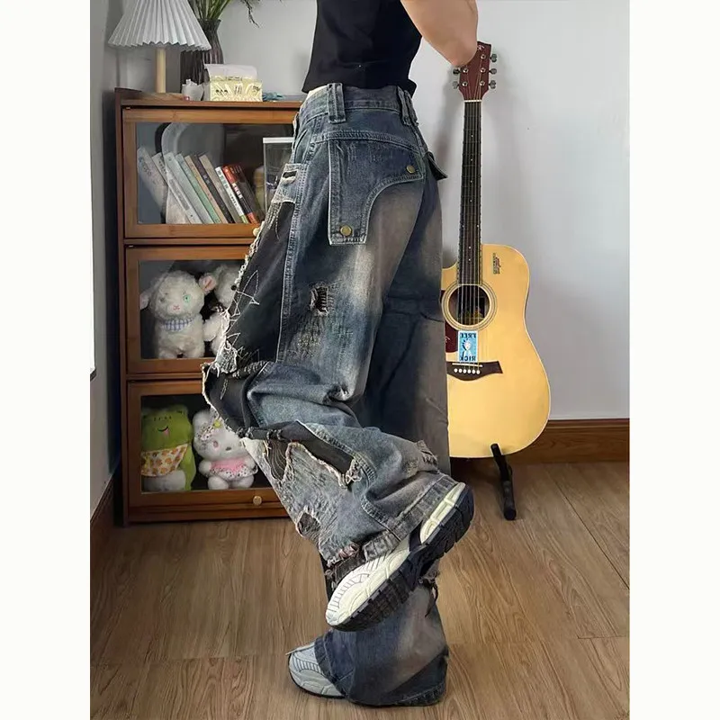 Unsiex Jeans 2026 New Autumn American Wasteland Fashion Washed Tie Dye Vintage Jeans Loose Wide Leg Denim Pants Streetwear