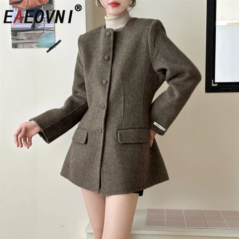 

EAEOVNI Elegant Wool Slim Jacket Women Temperament Round Neck Button Gathered Waist Solid Color Coat 2025 Autumn Winter New