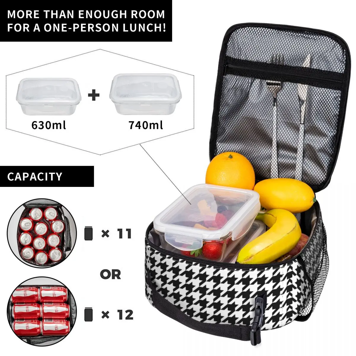 Modern Black White Houndstooth Insulated Lunch Bags for Outdoor Picnic Geometric Resuable Thermal Cooler Lunch Box Women Kids