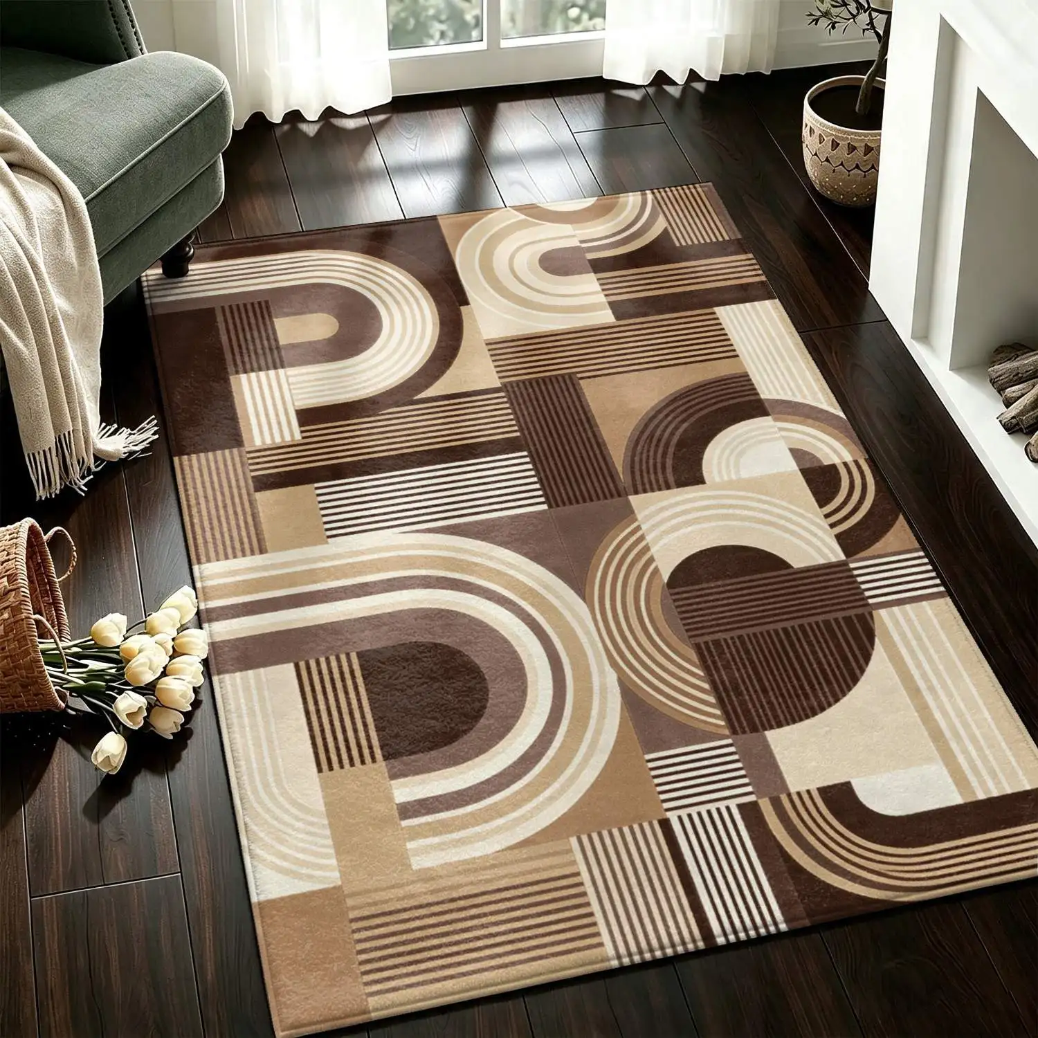1Pc 2D Printed Retro Brown Khaki Geometric Line Carpet, European/Modern Simple Style, Machine-Washable, Multi-Size, for Entrance, Dining, Bedroom, Living Room Home Decoration