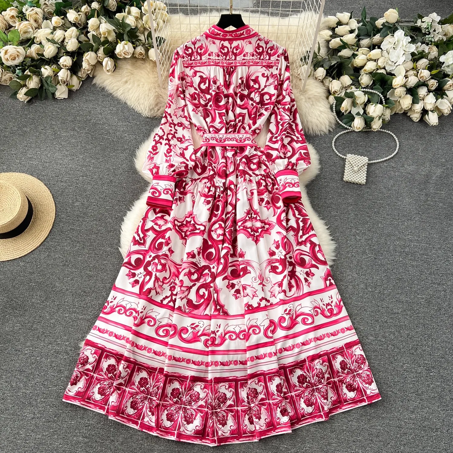 2024 Fashion Runway Spring Red Blue And White Porcelain Print Long Dress Women Single Breasted Lantern Sleeve Belt Holiday Robe