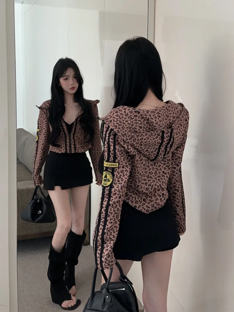 

American Style Leopard Print Hooded Open Cardigan Women's Spring Loose Slimming Striped Top Fashion Design Polyester Fiber