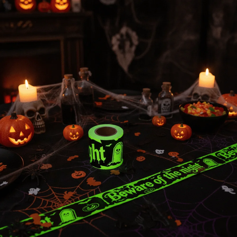 Fluorescence Halloween Warning Tape Sticker DIY Plastic Halloween Isolation Belt Sign Black Halloween-themed Stickers