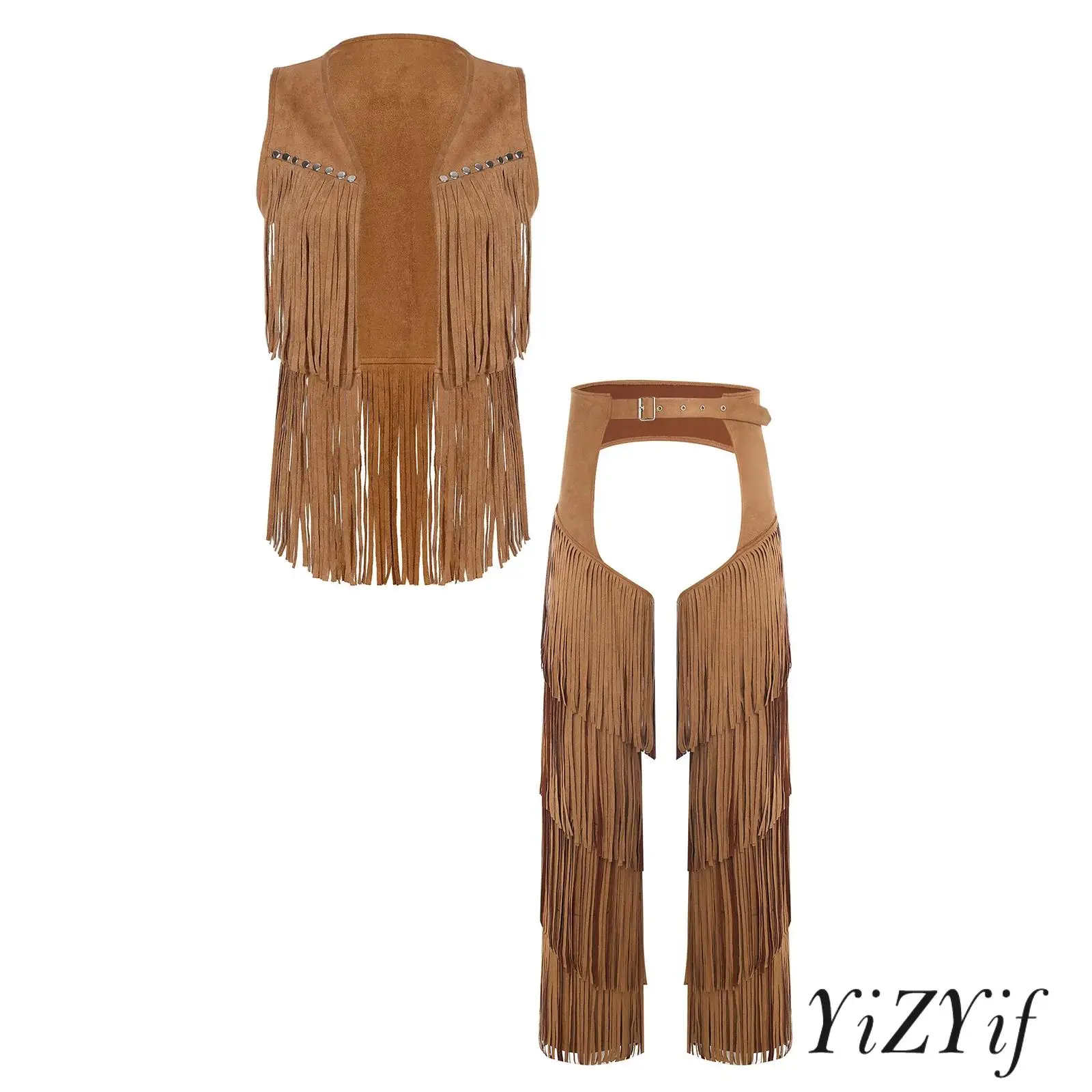 

Mens Western Cowboy Faux Suede Outfit Open Front Tassel Vest And Hollow-out Crotch Adjustable Waist Pants for Halloween Cosplay