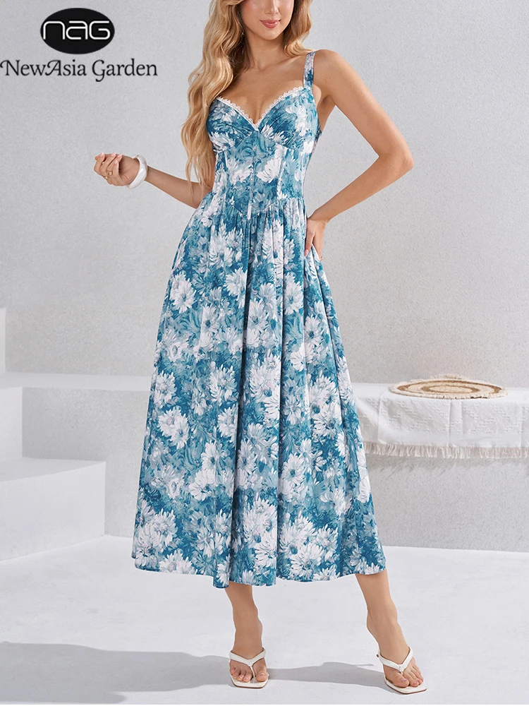 

NewAsia 2026 Summer Boho Floral Midi Dress for Women Lace Trim Corset Bustier Strap Flowy A-Line Vacation Beach Party Sundress