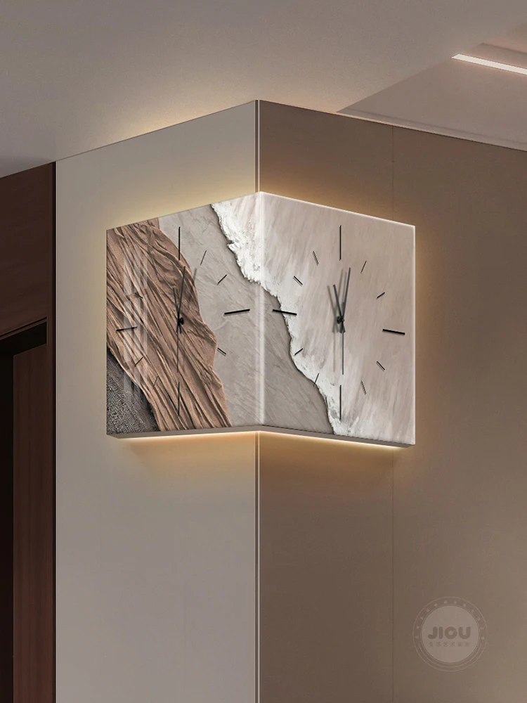 Minimalist with clock mural porch corner wall clock mural luminous living room wabi-sabi wind wave corner clock hanging painting image 3