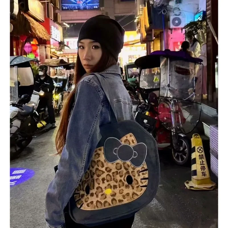 MBTI Hello Kitty Womens Tote Bag Vintage Y2k Large Capacity Canvas Korean Fashion Shoulder Bag Travel Leopard Print New Handbag