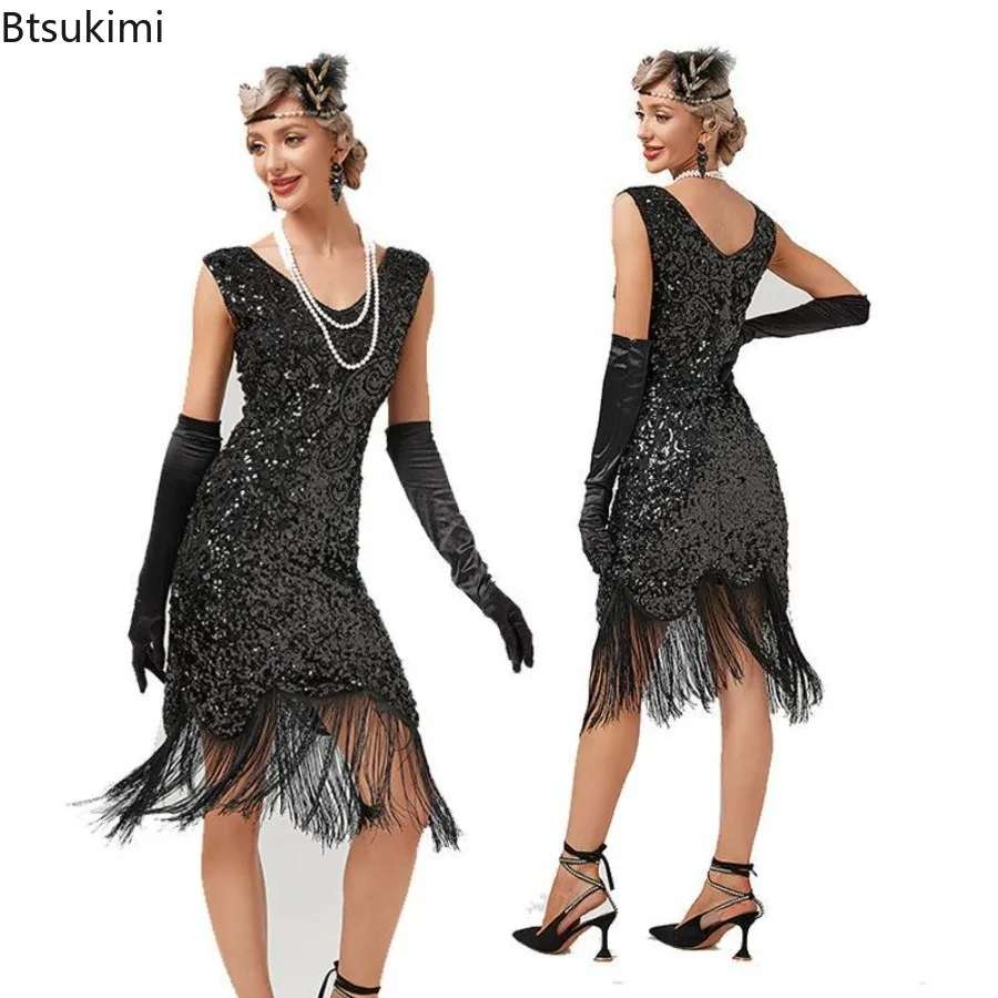 Women 1920s Vintage Flapper Fashion Sequin Fringed Sleeveless V Neck Dresses Bodycon Slim Cocktail Wedding Formal Party Costumes