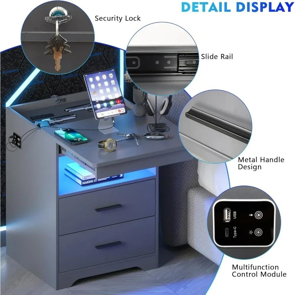 LED Nightstand with Gun Drawer Set of 2, Modern Beside Table with Charging Station, Auto Sensor 3 Color Dimmable Nightstand