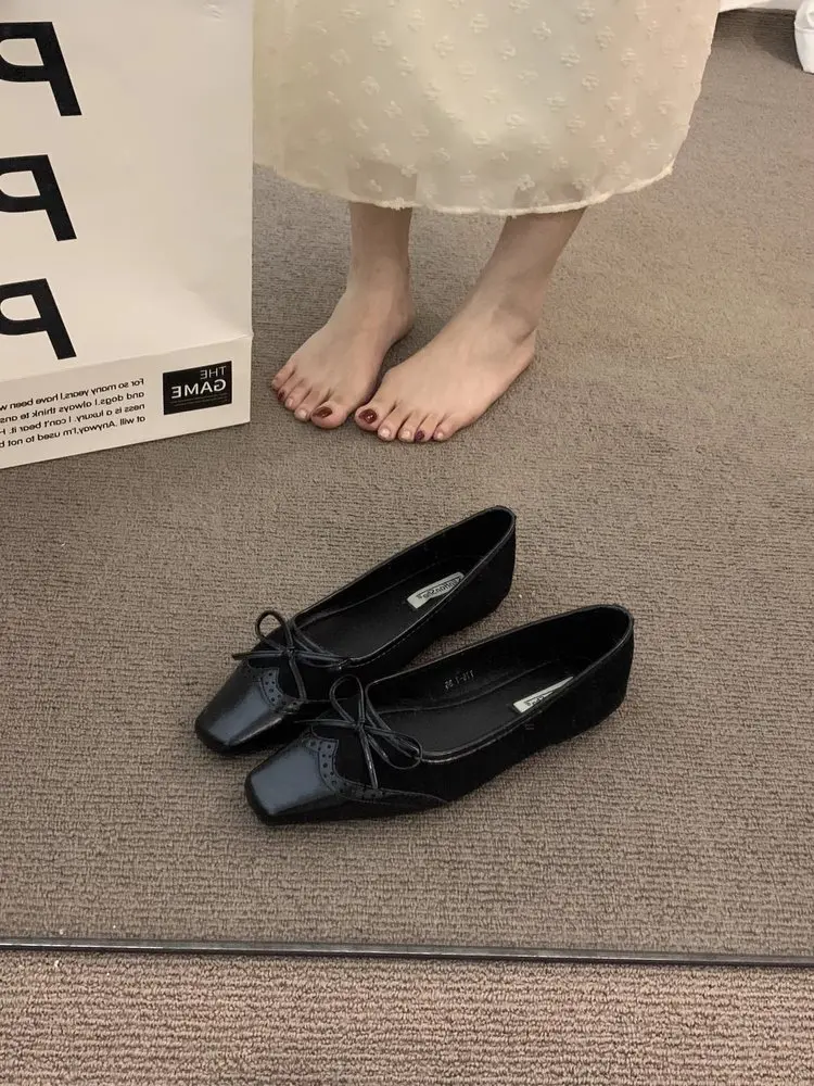 Damen Loafer mit eckiger Zehenpartie und Schleife, flache Schuhe im französischen Stil, weiche Sohle, flache Slip-Ons für Freizeit, Büro, bequeme Fahrschuhe – Detail 9
