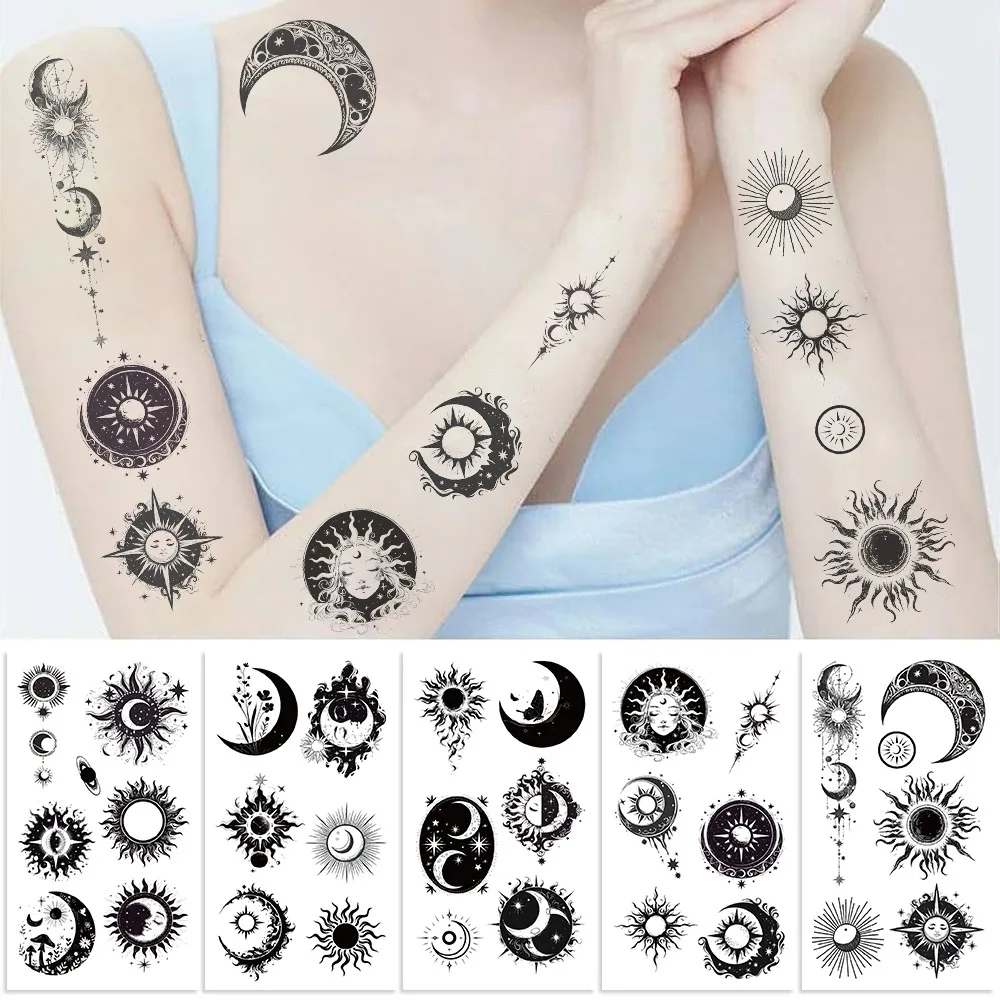 

10Pcs new black and white sun and moon tattoo sticker waterproof party party gift funny fun face sticker