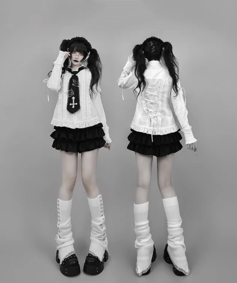 Subculture Gothic Long Sleeve Shirt Female Gothic Mass Production Cross Embroidered Bow Tie Lolita Blouses Cake Skirt Culottes