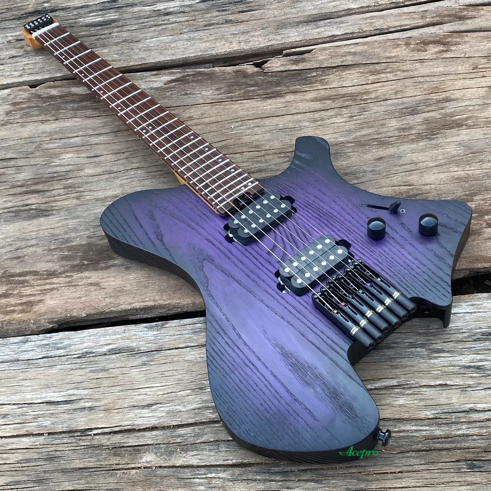 

Acepro Headless Electric Guitar Purple Black Roasted Ash Body 2 Humbuckers Jumbo Stainless Steel Frets High Quality Guitarra