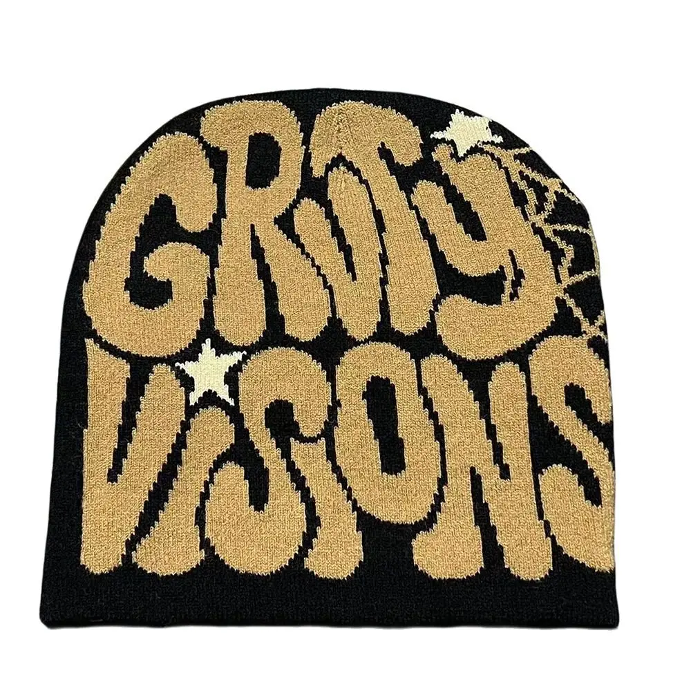 قبعة حياكة صوفية قوطية مع طباعة حروف ، قبعة هيب هوب دافئة ، غطاء رأس خارجي ، قبعة صغيرة Y2k ، قبعة أكريليك