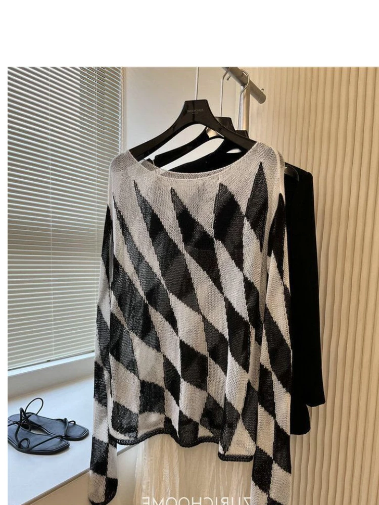 

Women Clothing See Through Pullovers Slash Neck Long Sleeve Plaid Jupmer Sueter Mujer Casual Fashion Knitted Thin Sweater Tops
