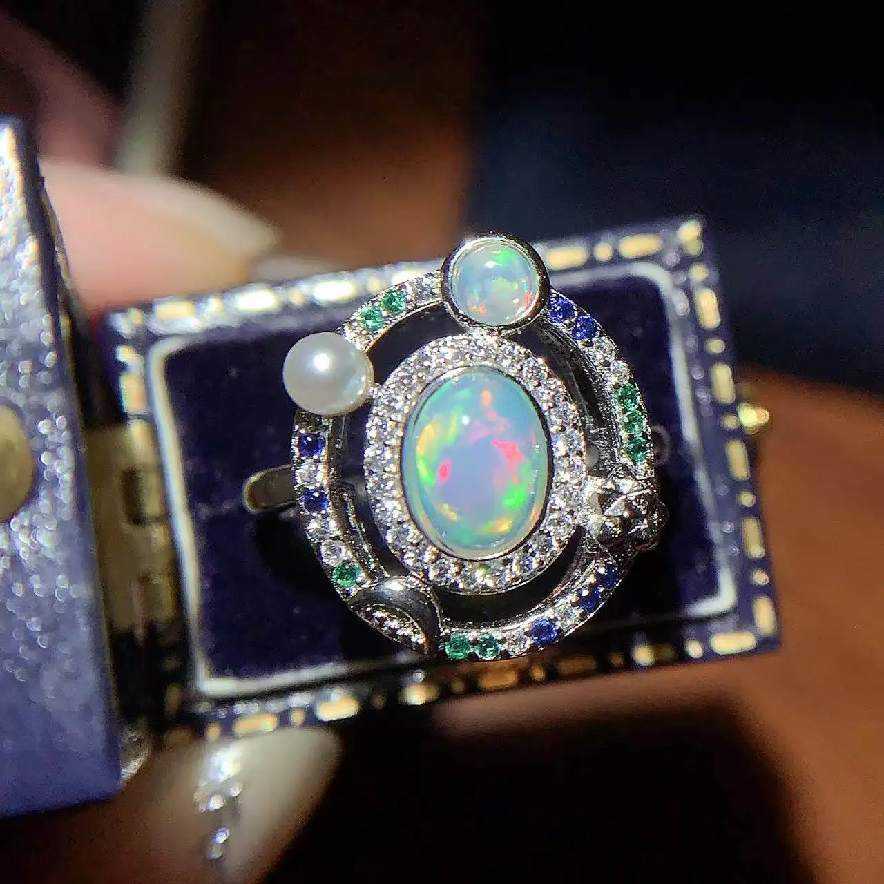 Planet Design Natural Opal Ring, Full Color Opal S925 Silver Fine Setting Adjustable, Galaxy Gemstone Jewelry Gift for Women