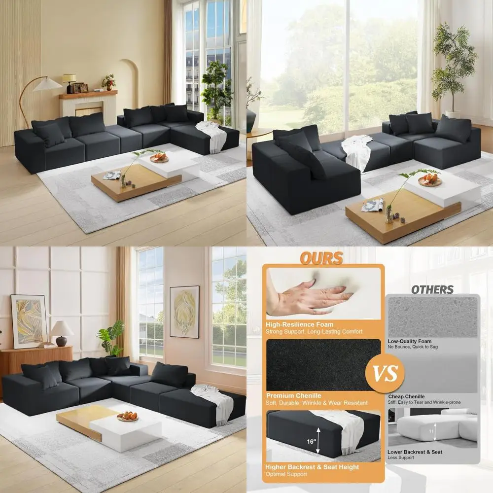 Modular L-Shaped Sectional Sofa Set, 132 Cloud Couch with 6 Pillows, Chenille Upholstered, Easy Assembly for Living Room