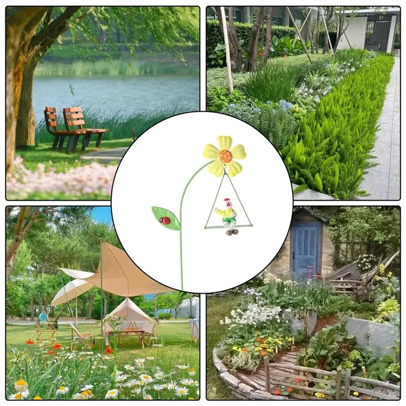 AD23-Iron Garden Flowers 6Pcs Decorative Iron Plant Stakes 10.6 Inch Ornamental Yard Stakes With Cute Animals On Swings