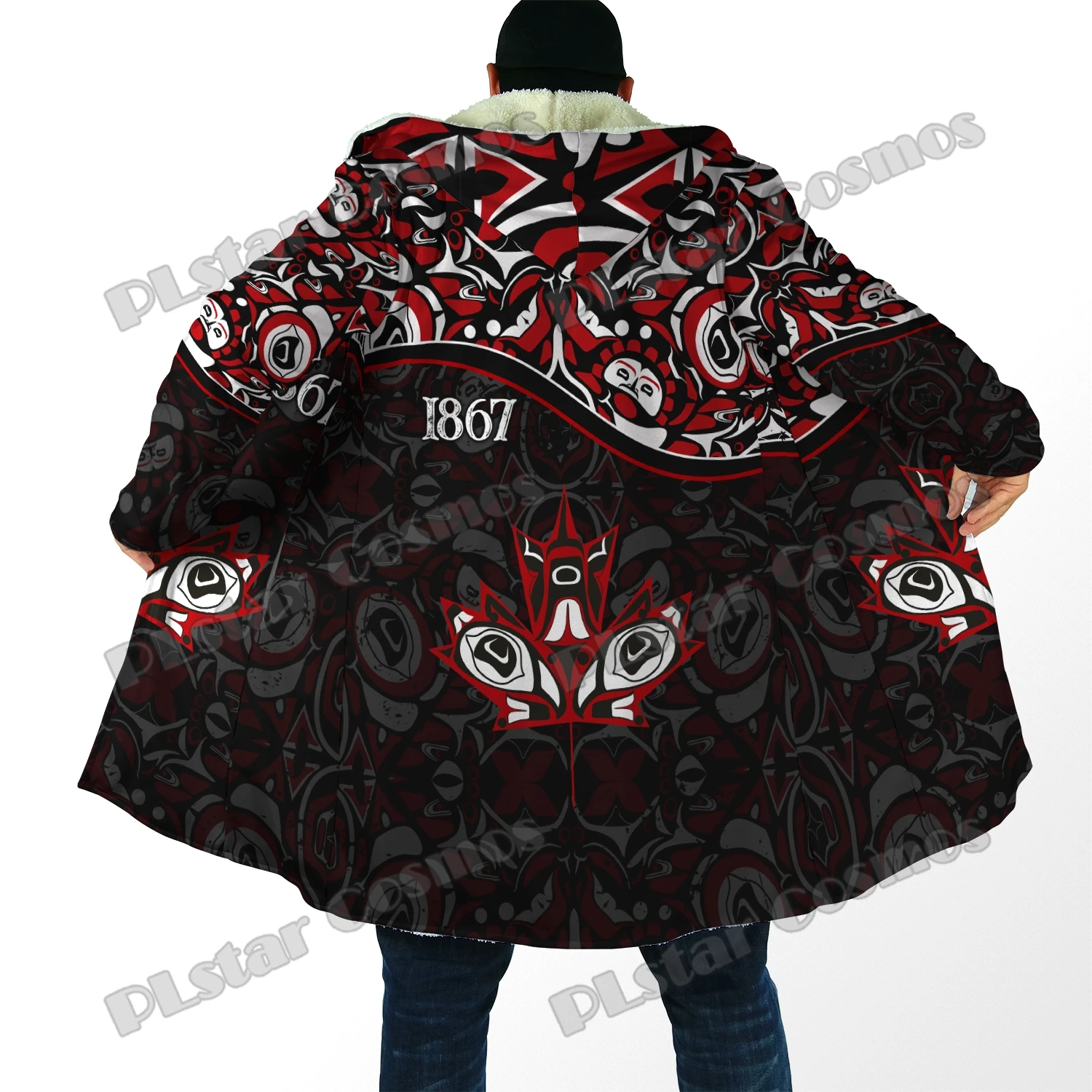 

Canada Day Haida Maple Leaf Style 3D All Over Printed Men's Fleece Hooded Cloak Unisex Casual Thick Warm Cape coat PF98